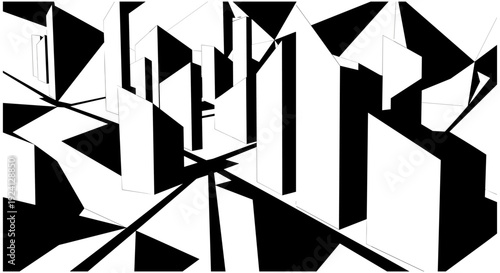 Abstract geometric cityscape with black and white cubist buildings