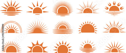 Sunrise sunset sun icon set, abstract solar symbol collection, vector illustration, minimalist orange logo design, isolated graphics pack bundle template