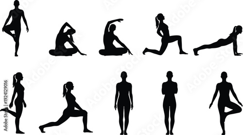 Black vector silhouette set of a woman performing various yoga poses and fitness stretches including tree pose plank and lunges for health and wellness