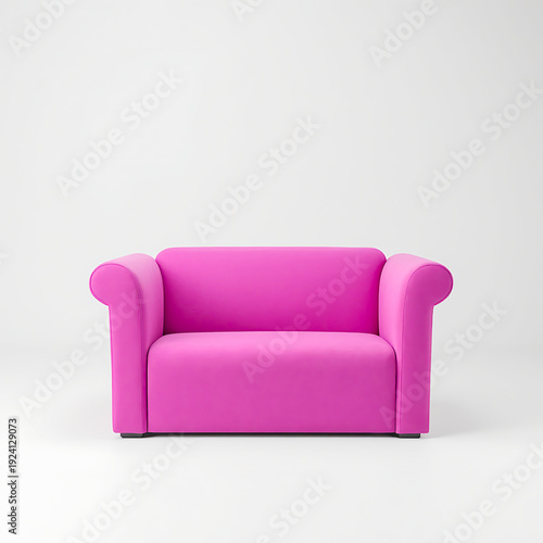 Chic fuchsia pink two-seater sofa with rolled arms and a compact, modern silhouette on a clean white studio backdrop.
