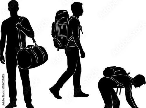 Traveler silhouette set, backpacker walking standing bending, travel bag luggage, black vector illustration isolated adventure people collection design