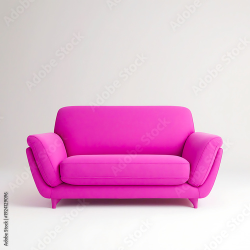 Modern vibrant fuchsia pink loveseat sofa, minimalist design with rounded arms and tapered legs, studio shot on white background.