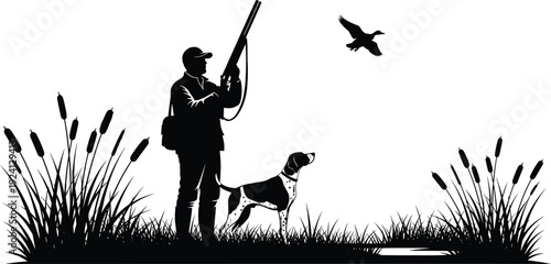 Black silhouette hunting scene with hunter aiming shotgun at flying bird, loyal dog companion, marsh grasses, cattails, and outdoor recreation design