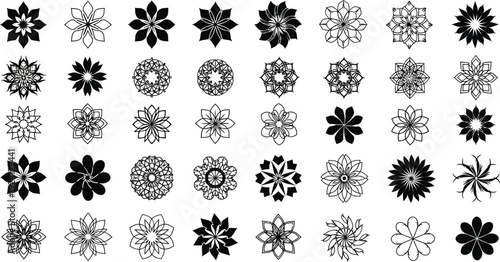 Black and white floral icon set. Includes 40 flower, bloom, blossom, and mandala designs. Created in vector style with monochrome palette.