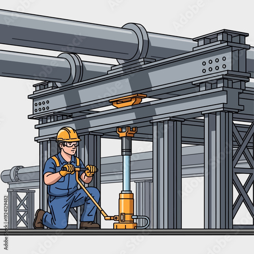 Construction worker operating hydraulic jack to lift heavy industrial structure.