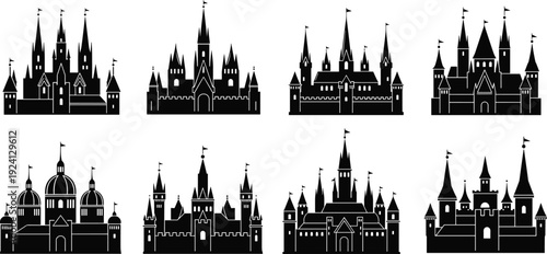 Black vector silhouette set of diverse fairytale castles and medieval fortresses with towers and flags for fantasy gaming kingdom branding and magical storytelling
