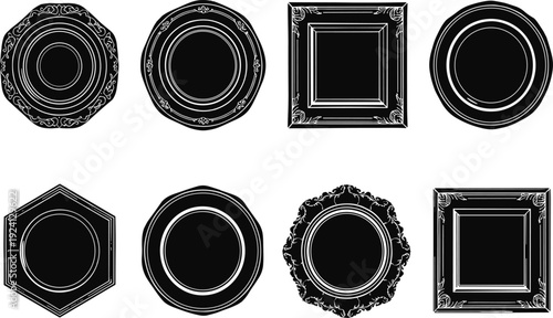 Black vintage decorative frame silhouettes set, ornate borders and classic mirror shapes for cad drawing flat vector illustration, antique luxury design elements