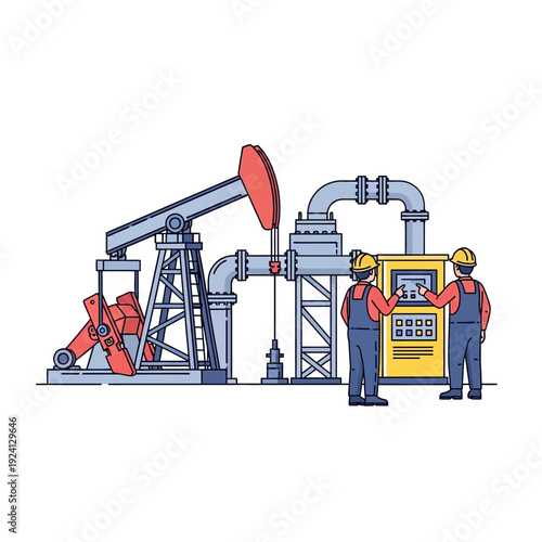 Oil Pump Jack and Workers Monitoring Production.