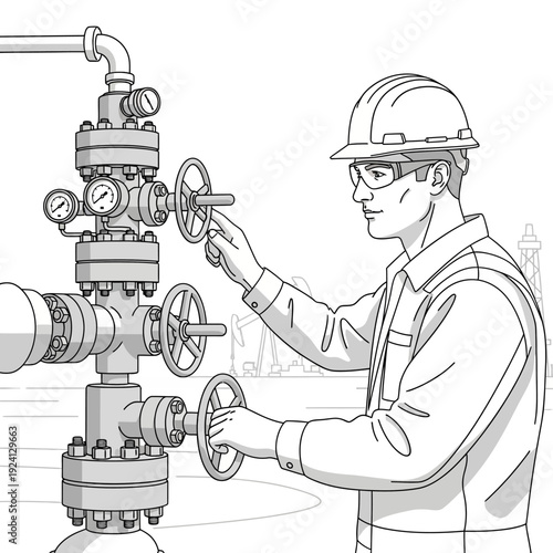 Oil worker adjusting valves on wellhead equipment.