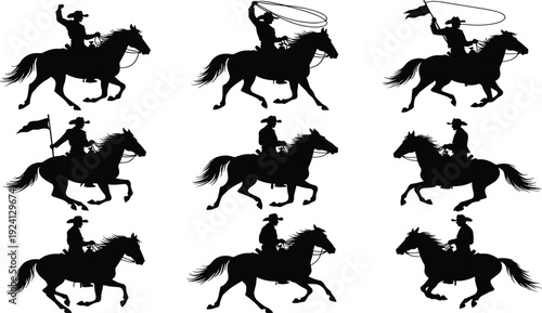 Cowboy silhouettes set riding horses with lasso and flags, wild west rodeo action poses for cad drawing flat vector illustration, western elements