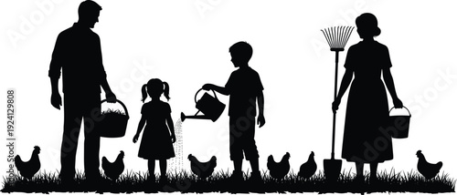 Black silhouette illustration of family farming with chickens, basket, rake, and feed, rural life artwork symbolizing cooperation and sustainability