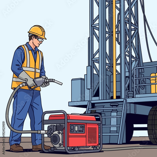 Worker refueling portable generator near drilling rig.