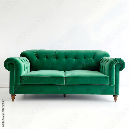 Elegant deep green velvet Chesterfield sofa with button tufting and classic design, set against a clean white studio backdrop for interior design concepts.
