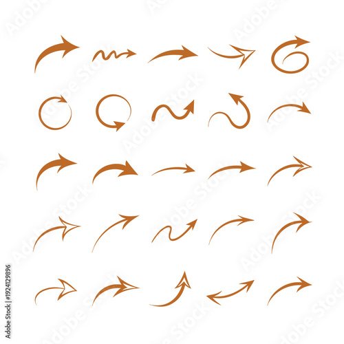 Collection of brown curved arrows with different shapes and directions straight circular
