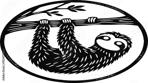 Black and white hand drawn linocut style sloth hanging on a tree branch inside an oval frame, cad drawing flat vector illustration