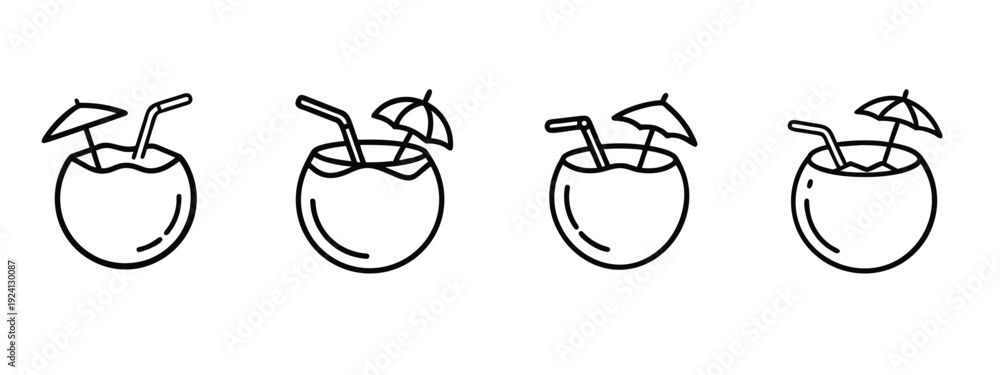 Fototapeta premium Coconut water drink outline icon set featuring fresh tropical fruit juice with straw and cocktail umbrella for summer beach refreshment vector illustration editable stroke