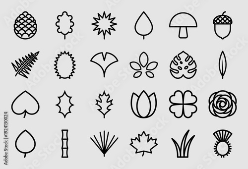 Botanical nature and forest elements for seasonal branding. Minimalist monoline pictograms featuring diverse leaf shapes, pinecone, acorn, and organic woodland flora.