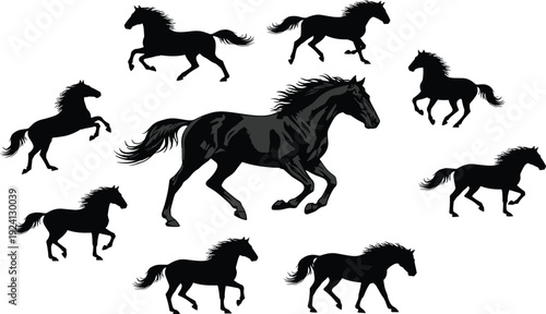 Black horse silhouettes in various galloping and running poses, wild stallion animal set, cad drawing flat vector illustration isolated on white background