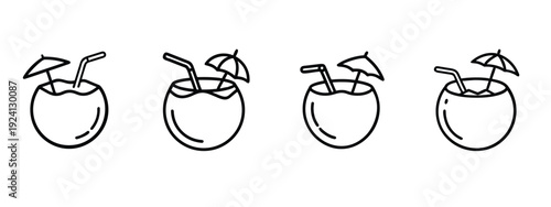 Coconut water drink outline icon set featuring fresh tropical fruit juice with straw and cocktail umbrella for summer beach refreshment vector illustration editable stroke