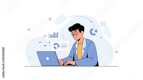 Man working on laptop with data analytics charts and graphs