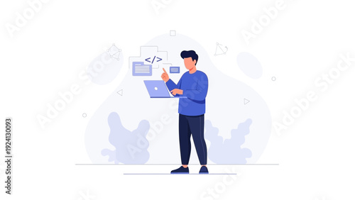 Developer coding on laptop, abstract background, website development concept