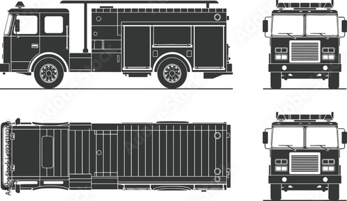Fire truck blueprint with side elevation and top view, emergency rescue vehicle design, cad drawing flat vector illustration of a professional fire engine