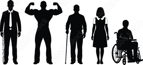Black vector silhouette set of diverse people including a businessman a bodybuilder an elderly man with a cane a schoolgirl and a person in a wheelchair