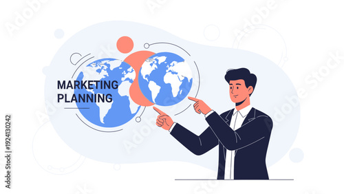 Global Marketing Planning Strategy Concept: Businessman with World Globes