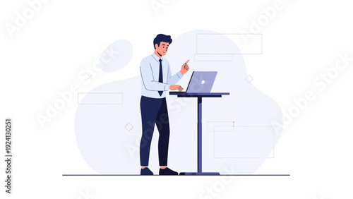 Man standing at laptop presentation, pointing to empty speech bubbles, business concept