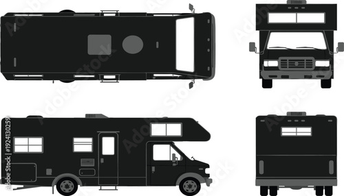 Recreational vehicle motorhome blueprint with side top and front elevation views, camper van travel trailer, cad drawing flat vector illustration of mobile home