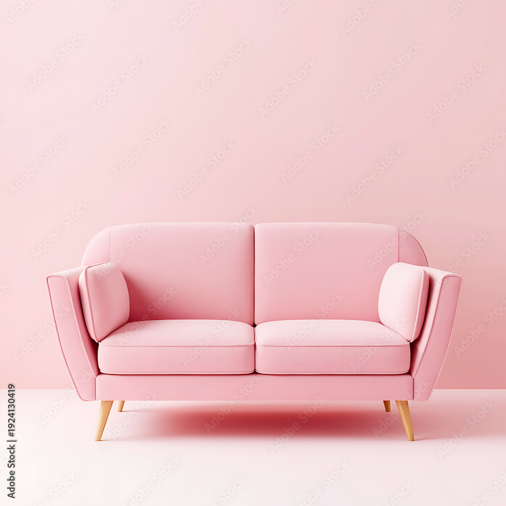 Naklejka premium Inviting pink sofa with a modern design and comfortable seating, placed on a clean pink studio floor with a complementary soft pink wall.