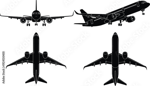 Commercial airplane blueprint with top side and front elevation views, passenger jet aircraft design, cad drawing flat vector illustration of modern aviation transport