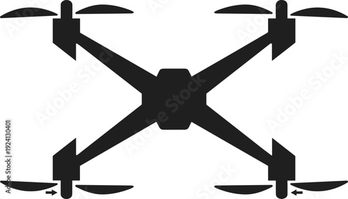 Quadcopter drone silhouette from top view, unmanned aerial vehicle UAV with four propellers, cad drawing flat vector illustration isolated on white background