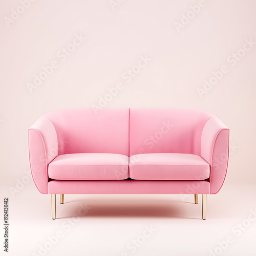 Contemporary pink sofa with a smooth, rounded design and sleek metallic legs, isolated against a soft gradient pink background for a modern interior design concept.