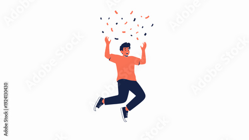 Happy Man Jumping with Confetti Celebration, Joyful Moment