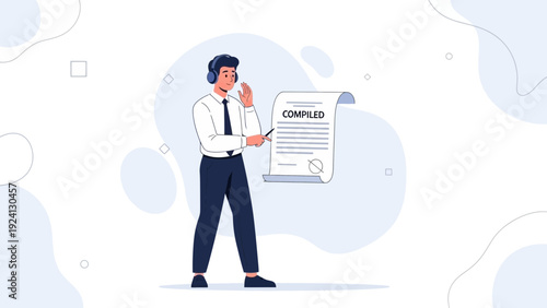 Man with Headphones Holding Compiled Document, Business Meeting Illustration