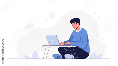 Young Man Working on Laptop on a Portable Desk, Casual Online Work