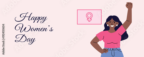International Womens Day banner with woman and female gender symbol representing empowerment equality and women rights