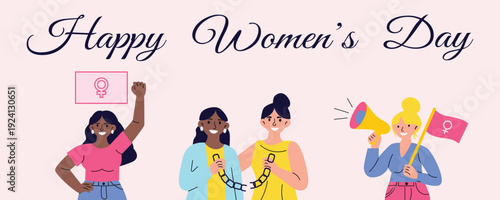 International Womens Day empowerment banner with women breaking chains holding flag and megaphone equality and women rights concept