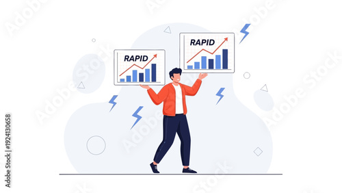 Man holding charts showing rapid growth and progress, concept of business success