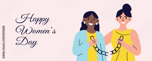 International Womens Day banner with women breaking chains symbolizing freedom equality and empowerment
