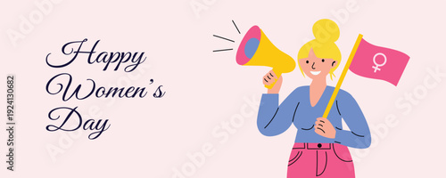 International Womens Day banner with woman holding megaphone and feminist flag symbolizing women rights and empowerment