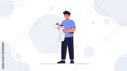 Man Checking Long Receipt, Budgeting, Shopping List, Financial Planning Concept