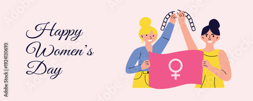International Womens Day banner with women breaking chains and holding feminist flag symbolizing empowerment equality and women rights