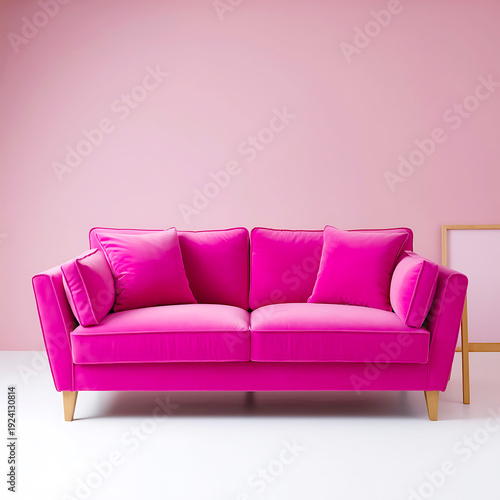 Vibrant fuchsia velvet sofa with plush cushions and wooden legs, set against a soft pink wall with a minimalist frame, modern living room furniture.