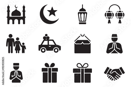 Ramadan and eid al fitr icon set with mosque crescent moon lantern family car gift box and greeting gesture