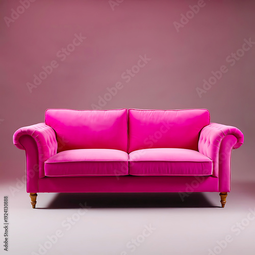 Elegant tufted hot pink velvet sofa with rolled arms and wooden legs, studio shot against a muted plum background, luxury accent furniture.