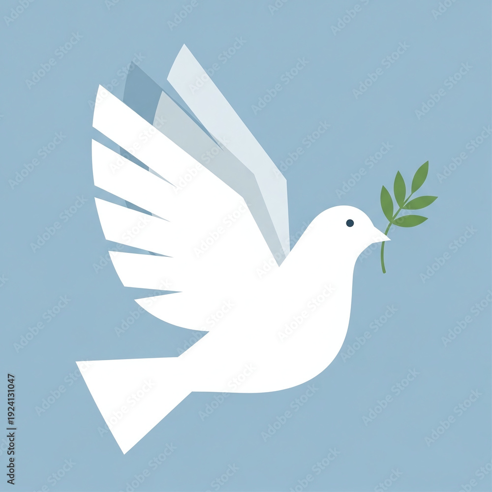 Obraz premium A white dove flies rightward, holding a green olive branch in its beak. Its wings display a layered motion effect against a plain light blue background.