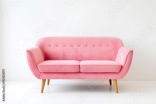 Elegant pink sofa with a rounded shape and discreet tufting, supported by slender wooden legs, presented against a clean white backdrop.