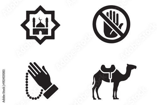 Islamic icons set collection mosque prayer beads hands camel prohibition sign vector